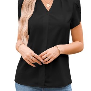 Women's Black Silky Petal Sleeve Blouse with Notched V Neck - Main View