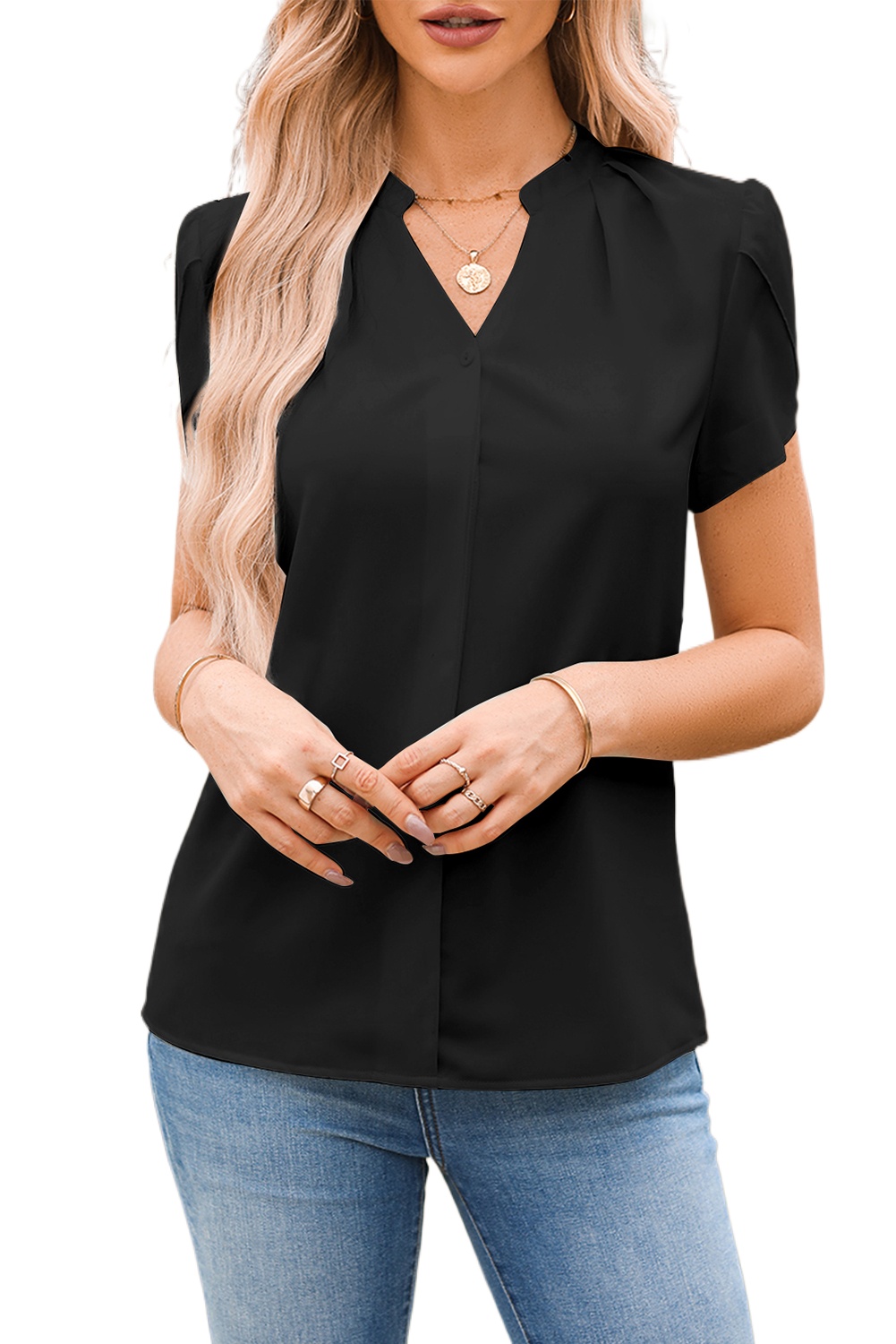 Women's Black Silky Petal Sleeve Blouse with Notched V Neck - Main View