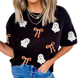 Women's Black Sequin Bow Ghost Patched Halloween Graphic Tee - Main View