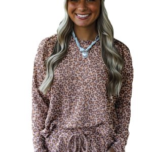 Women's Khaki Leopard Ribbed Long Sleeve Top & Drawstring Shorts Set
