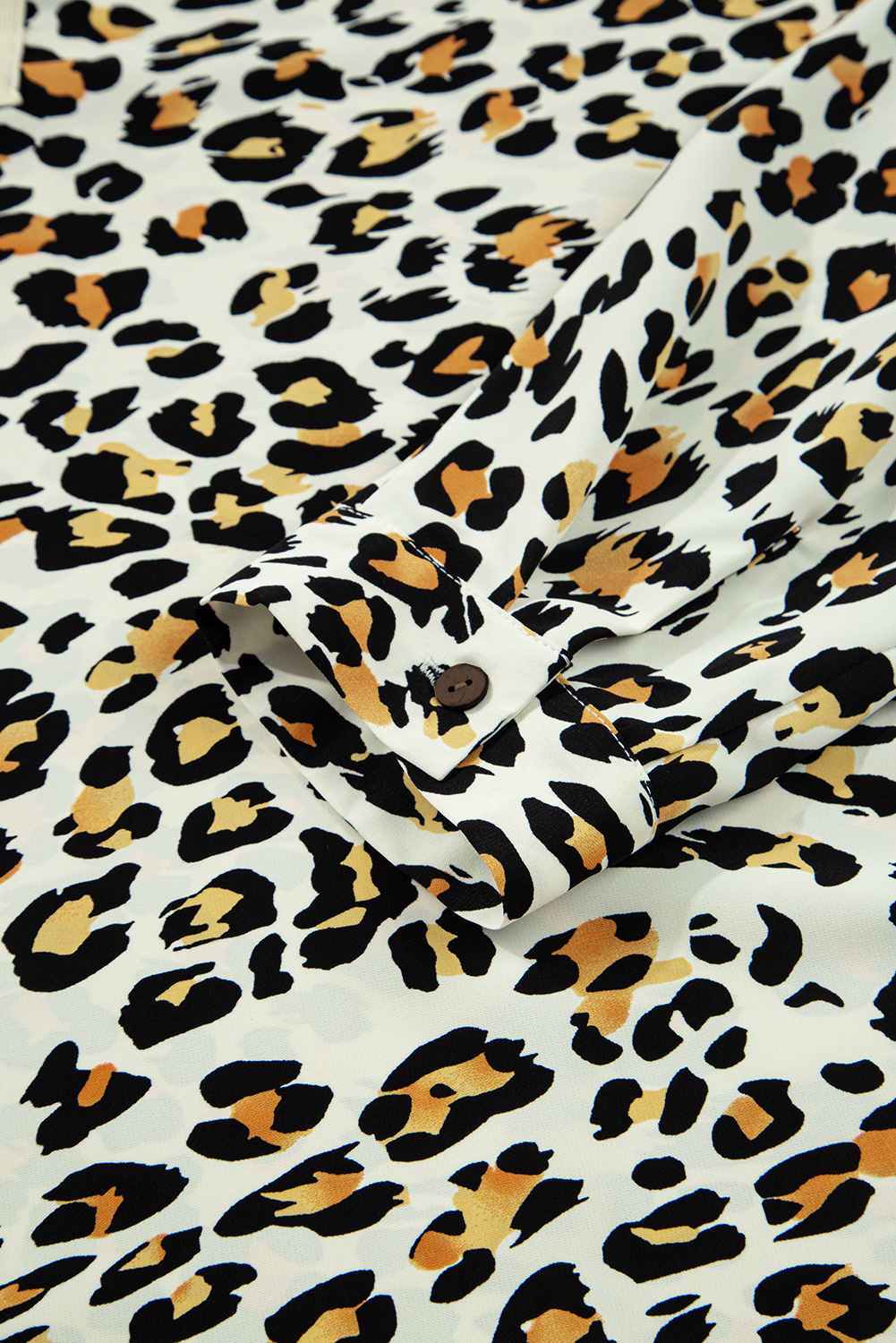 Women's Khaki Leopard Print Contrast Striped Long Sleeve V Neck Blouse - Detail View 9