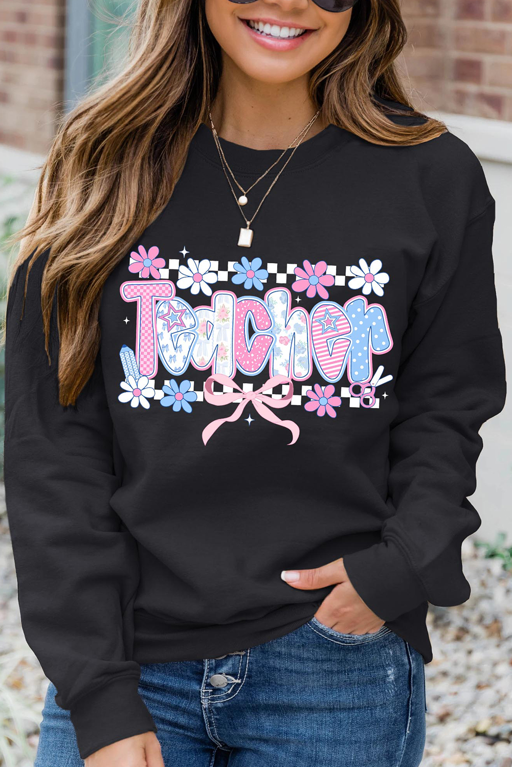 Casual Long Sleeve Black Sweatshirt with Relaxed Fit - Perfect for Teachers - Detail View 3
