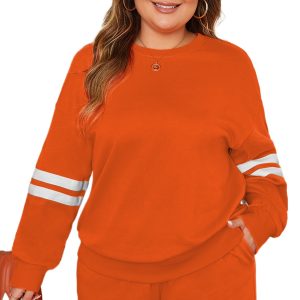 Women's Orange Plus Size Varsity Striped Drop Shoulder Pullover Short Set for Daily Casual Wear