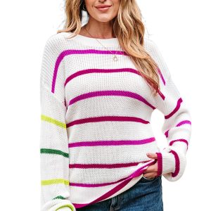 Women's White Colorful Striped Drop Shoulder Crew Neck Sweater for Fall - Main View