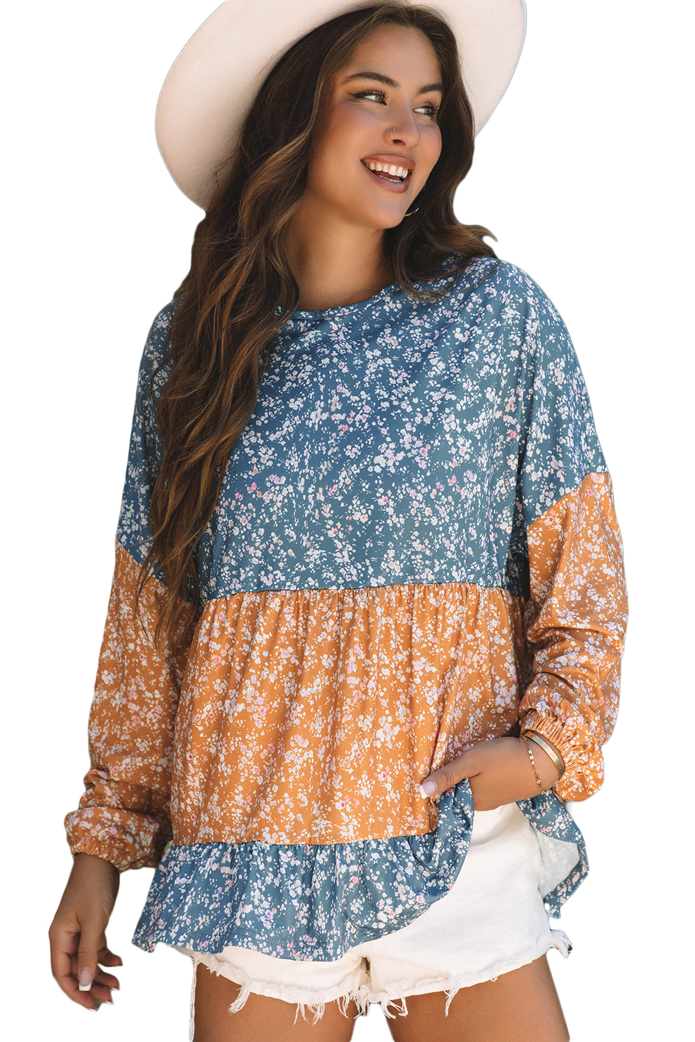 Versatile Women's Spring Blouse - Colorful Orange and Blue Patchwork with Round Neckline - Detail View 19
