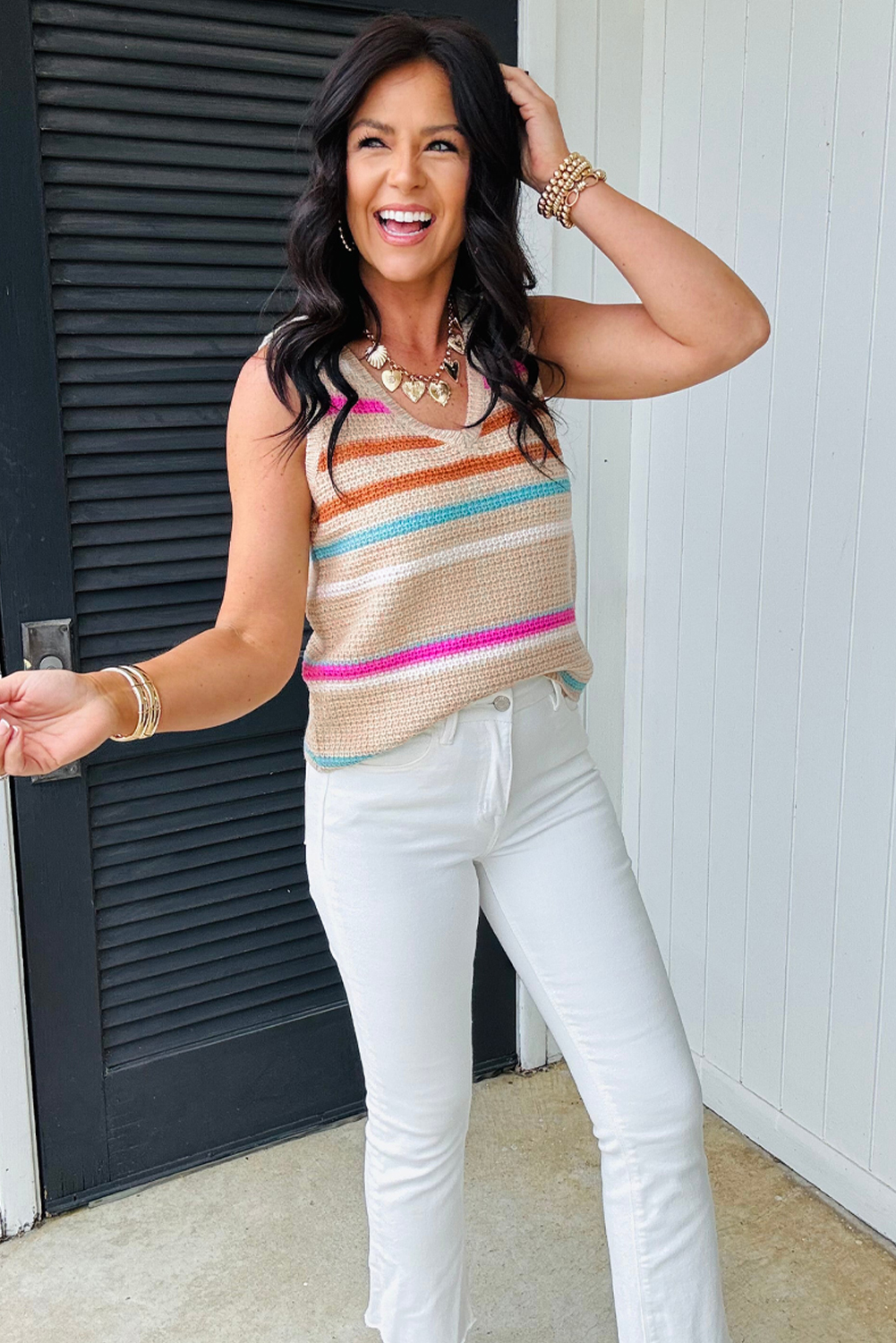 Stylish Sleeveless V Neck Sweater Vest in Khaki Stripe for Daily Wear - Detail View 6