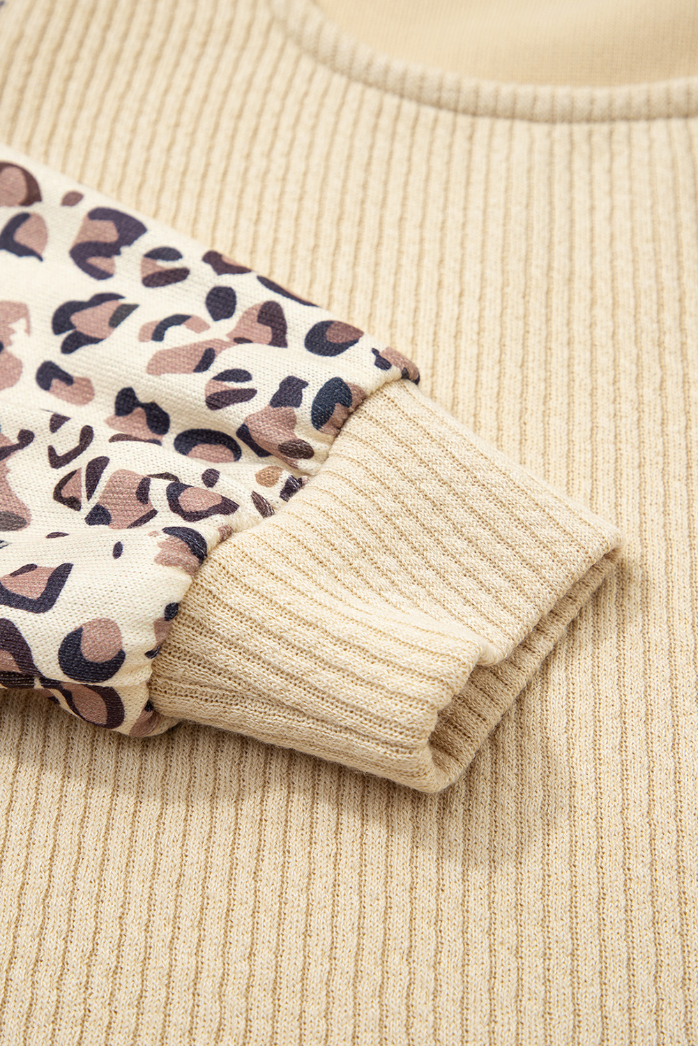 Women's Top, Apricot Color, Leopard Sleeve, Patchwork Design, Ribbed Knit, U Neck, Long Sleeve, Casual Style, Daily Wear, Autumn Fashion, Chic Top - Detail View 8