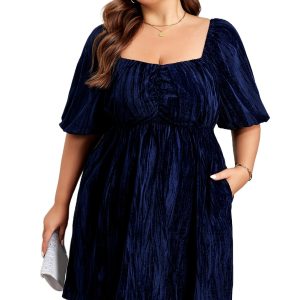 Women's Navy Blue Velvet Ruched Bust Short Puff Sleeve Plus Dress - Main View