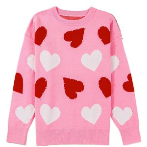 Women's Pink Heart Pattern Sweater with Pearl Embellishments