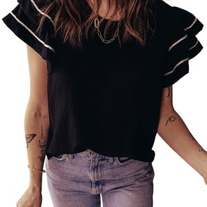 Women's Black Contrast Trim Ruffle Blouse – Elegant Short Sleeve Top for Daily Wear