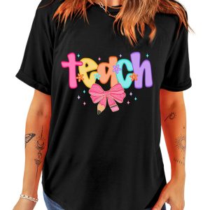 Women's Black Teach Graphic Holiday Summer Tee - Perfect Gift for Teachers - Main View