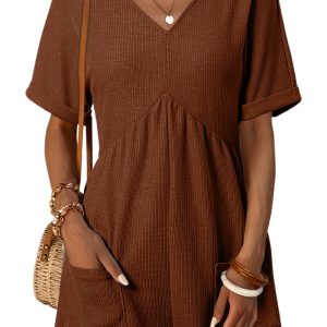 Coffee Color V Neck Zipped Loose Romper – Casual Summer Wear for Women