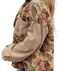 Women's Khaki Floral Waffle Knit Jacket – Stylish Buttoned Layer for Daily Wear - Main View
