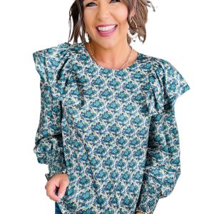 Elegant Green Abstract Print Long Sleeve Blouse with Shirred Cuffs - Main View