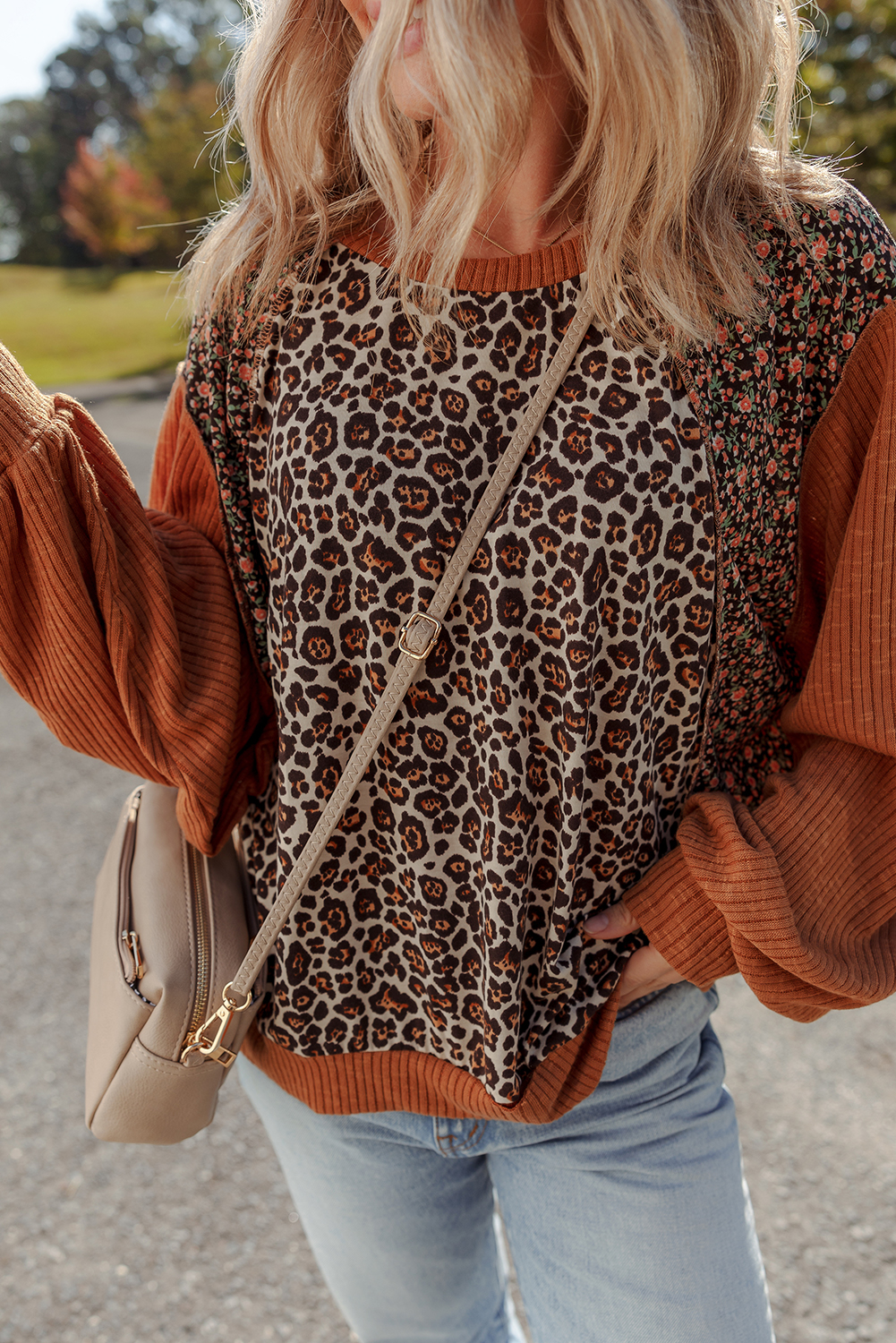 Women's Pullover, Brown Leopard Print, Floral Pattern, Ribbed Fabric, Puff Sleeves, Long Sleeve, Casual Style, Daily Wear, Fall Fashion, Patchwork Design, Round Neck, Comfortable, Stylish Top - Detail View 8
