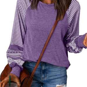 Tillandsia Purple Contrast Print Striped Raglan Long Sleeve Loose Top for Women - Main View