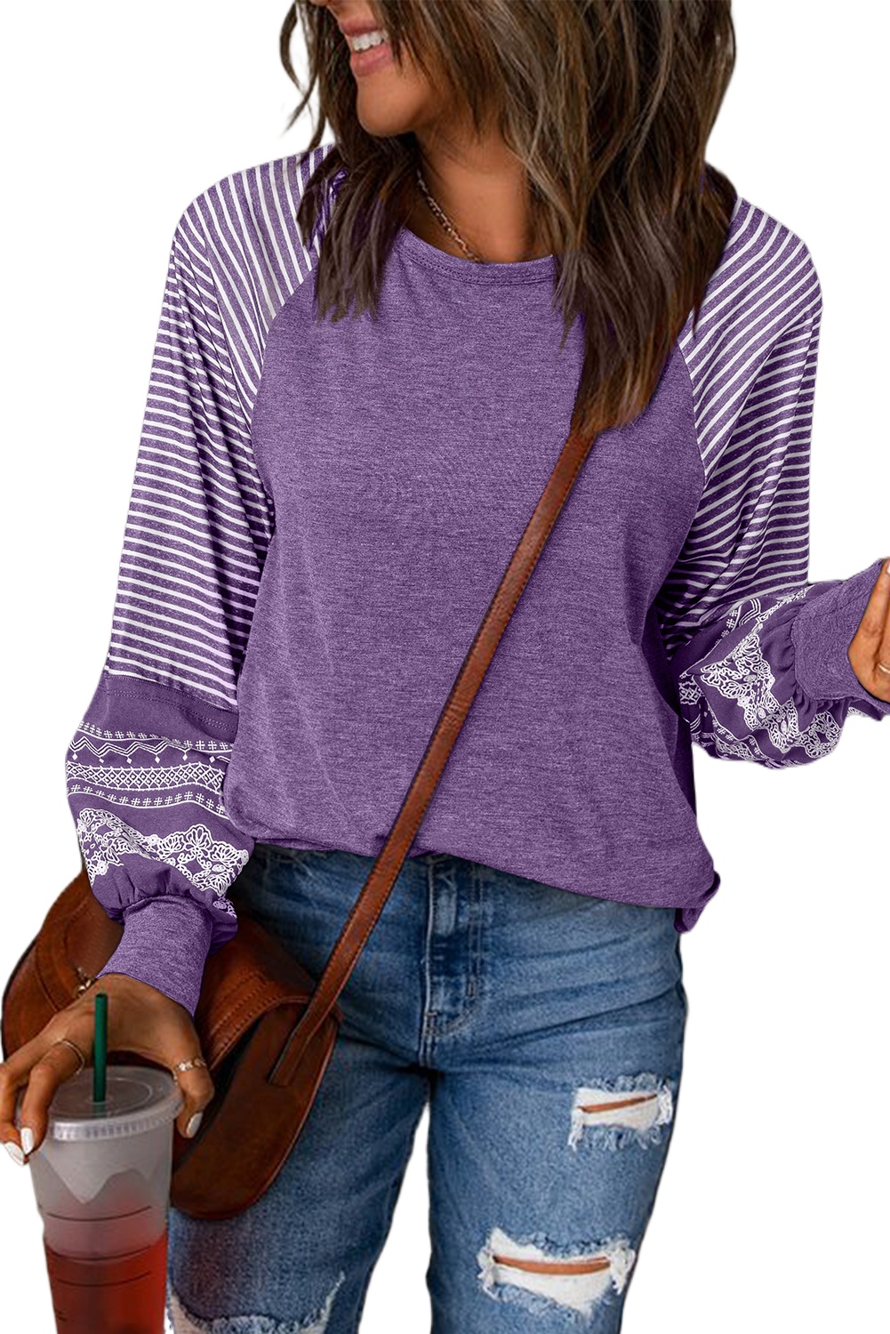 Tillandsia Purple Contrast Print Striped Raglan Long Sleeve Loose Top for Women - Main View
