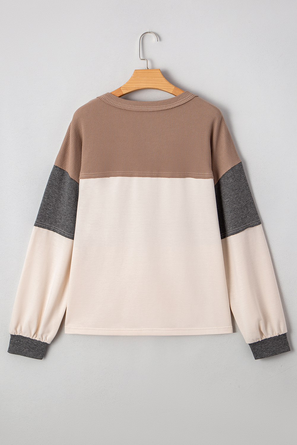 Casual Long Sleeve Henley Top in Jet Stream - Color Block & Patchwork Design - Detail View 6