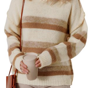 Women's Khaki Striped Drop Shoulder Sweater for Daily Casual Wear