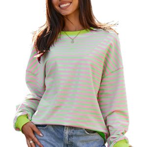 Oversized Green Stripe Contrast Ribbed Trim Drop Shoulder Sweatshirt for Women - Main View