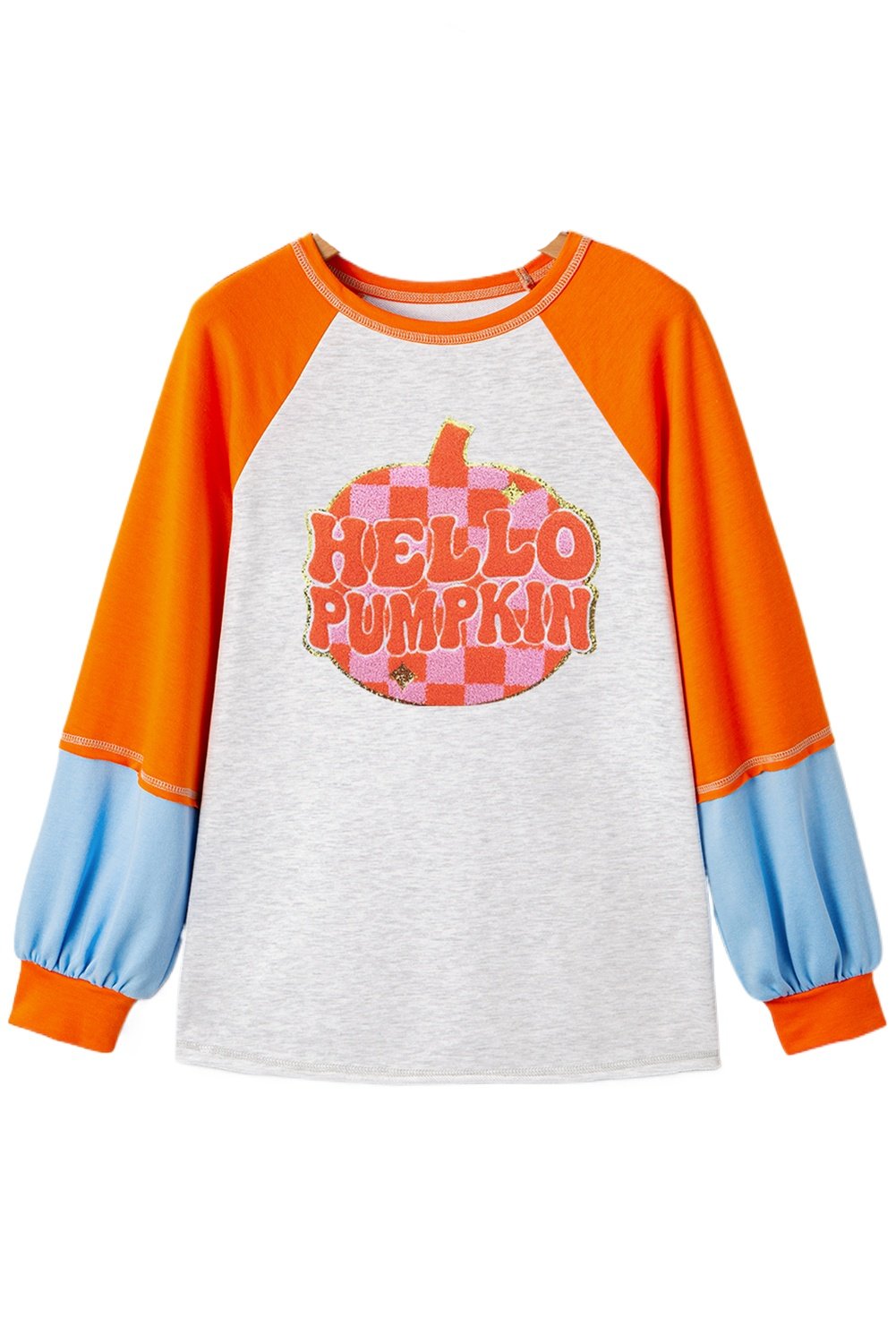 Women's Light Grey 'HELLO PUMPKIN' Patched Graphic Colorblock Bubble Sleeve Raglan Top - Main View