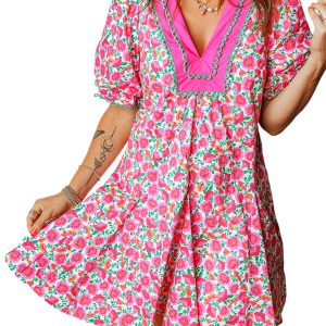 Women's Pink Floral Print V Neck Mini Dress – Casual Short Sleeve Summer Style