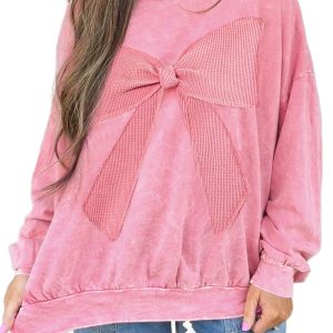 Bright Pink Mineral Wash Pullover Sweatshirt with Big Bow - Casual Long Sleeve Top - Main View