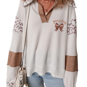 Women's White Game Day Rugby Top with Bow Embroidered Graphic and Leopard Collar - Main View