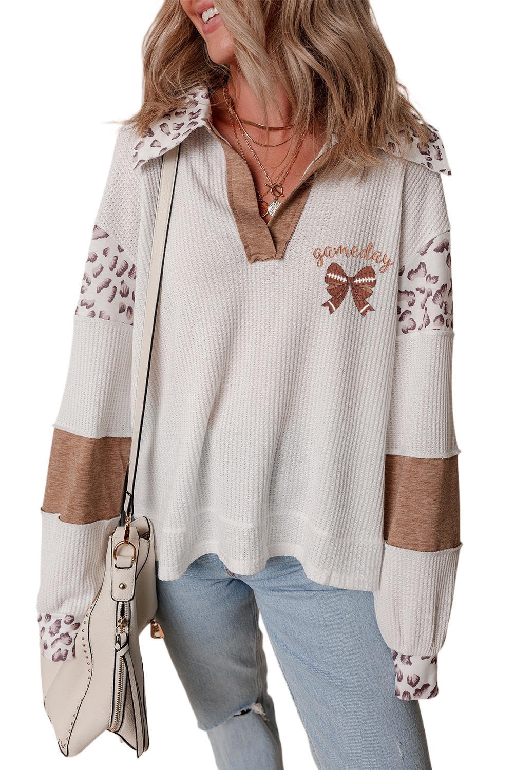 Women's White Game Day Rugby Top with Bow Embroidered Graphic and Leopard Collar - Main View