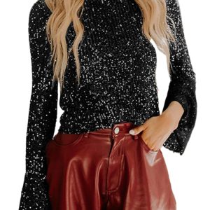 Elegant Black Sequin Mock Neck Top – Drape Open Back Bell Sleeve Design for Night Out - Main View