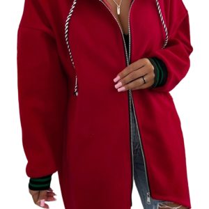 Women's Racing Red Cuffed Drop Shoulder Hoodie – Casual Zip-Up Tunic for Daily Wear