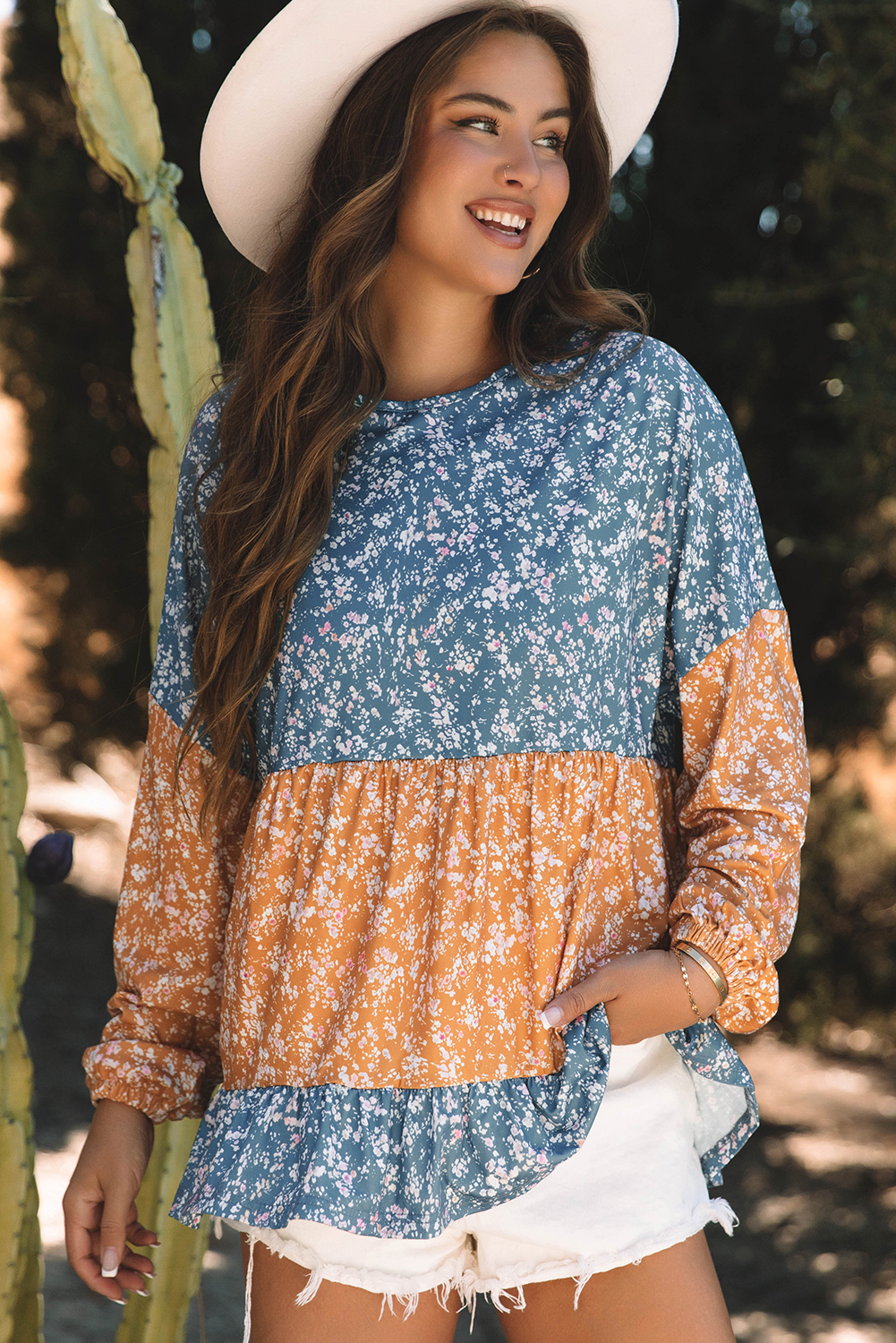 Women's Orange Floral Color Block Patchwork Ruffled Hem Round Neck Blouse - Stylish Southern Belle Design - Detail View 5
