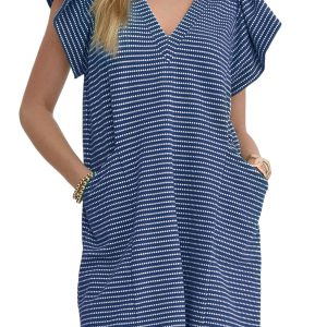 Women's Blue Stripe Textured Knit Mini Dress – Casual V Neck Flutter Sleeve for Summer Fun
