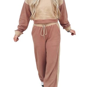 Women's Khaki Color Block Long Sleeve Crop Top and Drawstring Pant Set - Main View