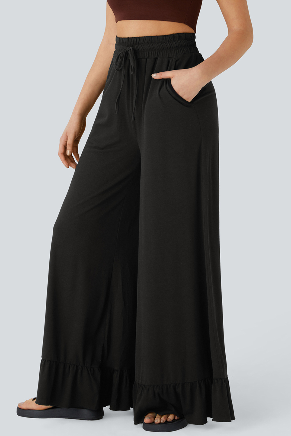 Women's Black Ruffled Wide Leg Pull-On High Waist Pants with Pockets - Detail View 5