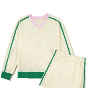 Women's Beige Ribbed Colorblock Trim V Neck Athleisure Pullover Mini Skort Set