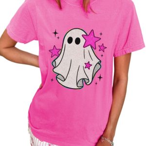 Sachet Pink Glitter Ghost Graphic Halloween T-Shirt for Women - Main View