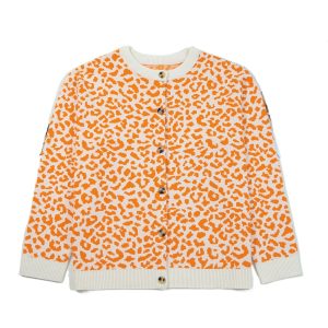 Women's Orange Leopard Drop Shoulder Chunky Knitted Cardigan – Casual Fall Sweater for Everyday Wear - Main View