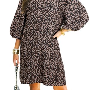 Women's Black Leopard Print Mini Dress – Casual Bubble Sleeve Shift for Autumn Outings