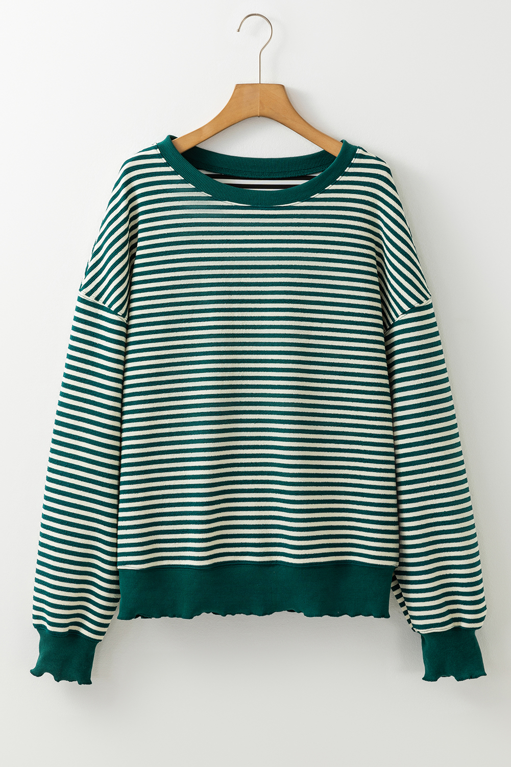 Casual Round Neck Top with Drop Shoulders - Trendy Green Stripe Design - Detail View 3