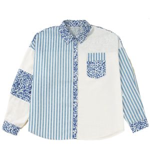 Women's Sky Blue Leopard Striped Patchwork Casual Shirt – Stylish V Neck Top for Daily Wear - Main View