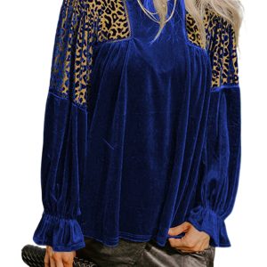 Women's Sky Blue Leopard Patchwork Velvet Blouse – Flounce Sleeve Modern Office Top