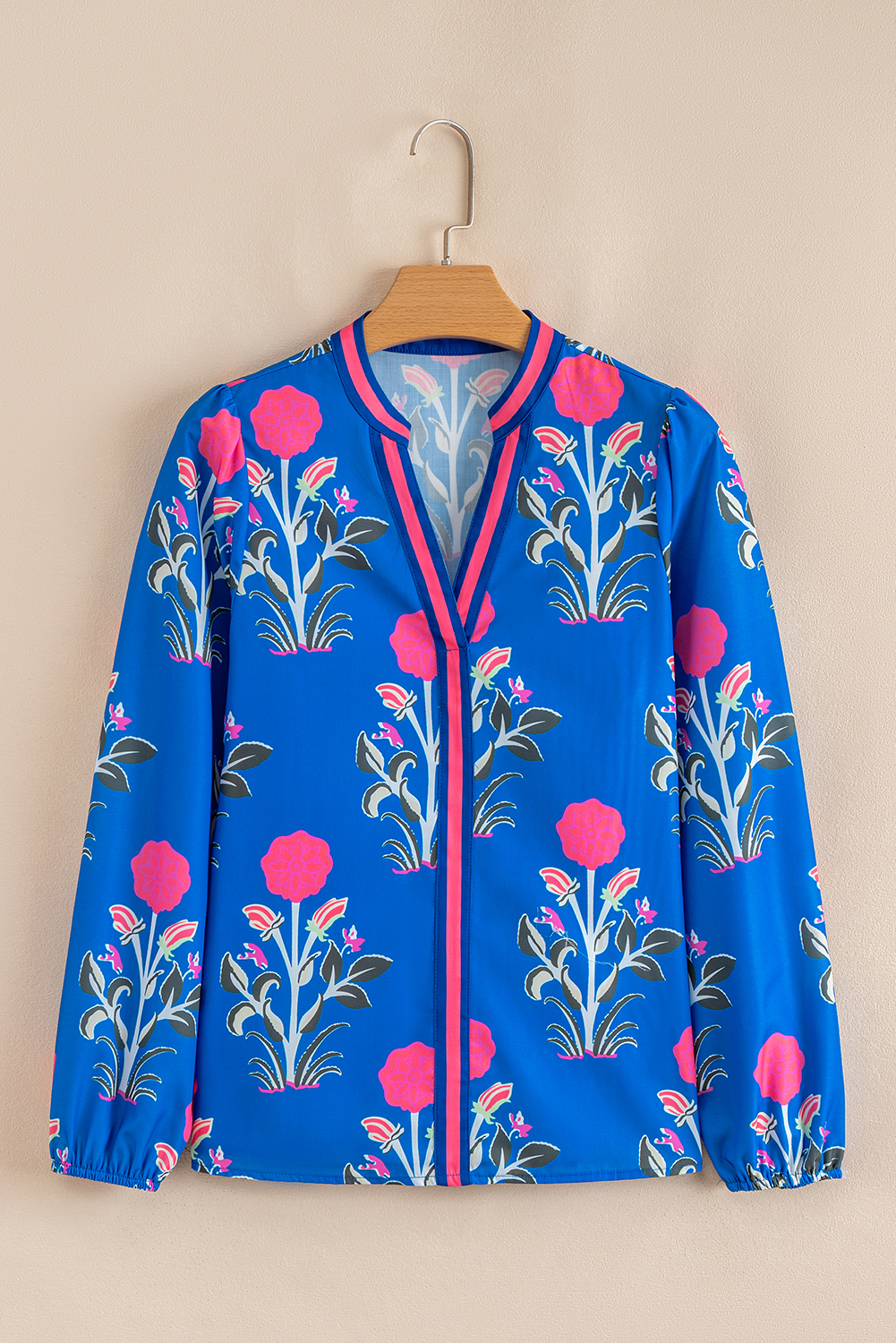 Elegant Blue Floral Print Blouse for Daily Wear - Shift Silhouette with Long Sleeves - Detail View 3