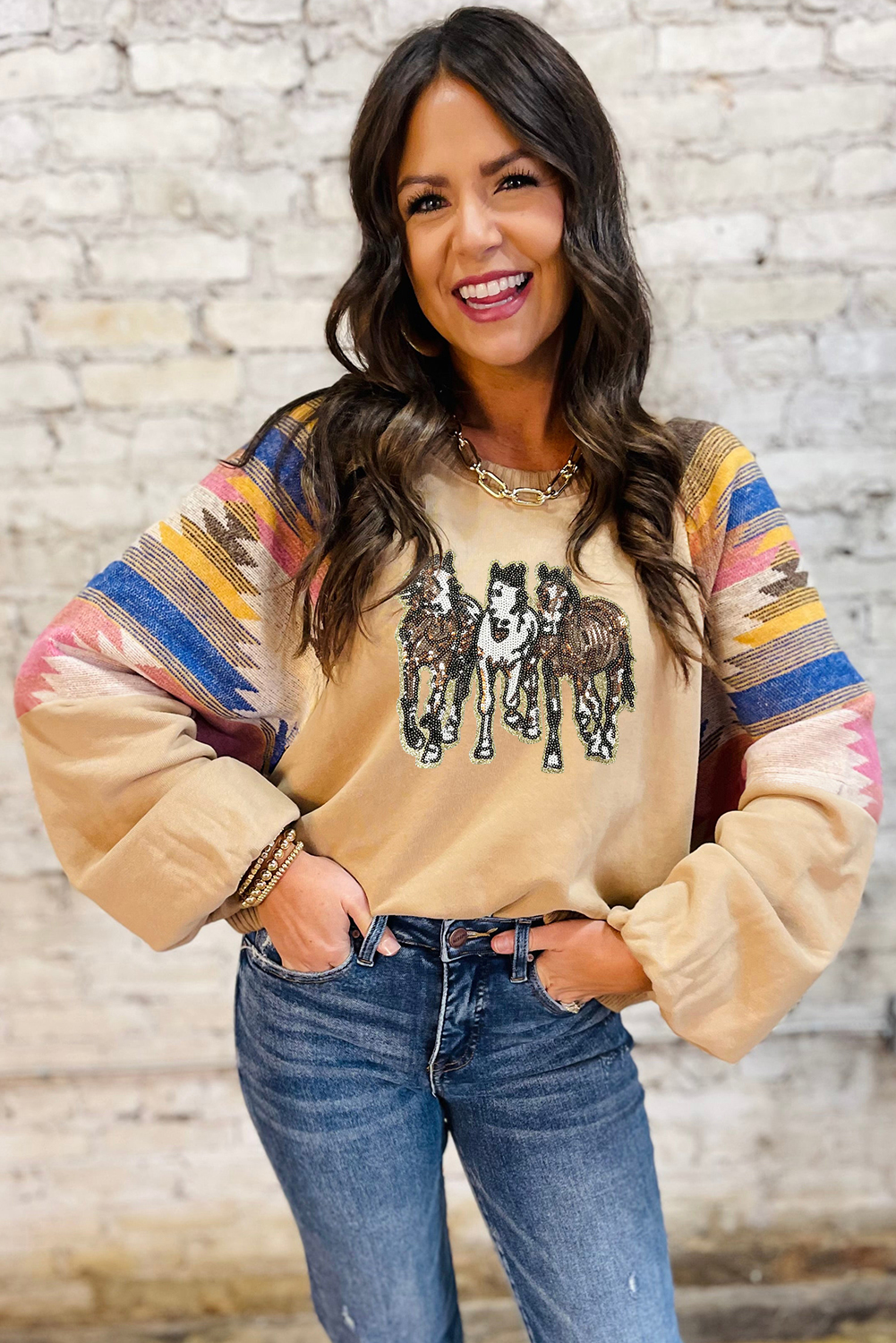 Women's Light French Beige Sequined Western Horses Graphic Aztec Bubble Sleeve Sweatshirt - Detail View 5