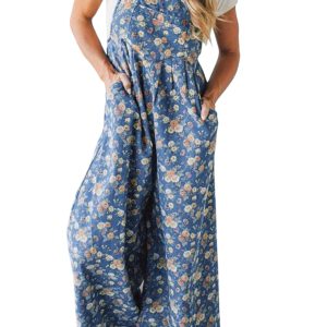 Women's Blue Vintage Rose Printed Denim Overall Jumpsuit – Casual Summer Style for Daily Adventures