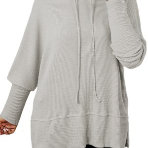 Women's Light Grey Textured Knit Cowl Neck Oversize Top – Casual Daily Wear with Side Slits and Drawstring