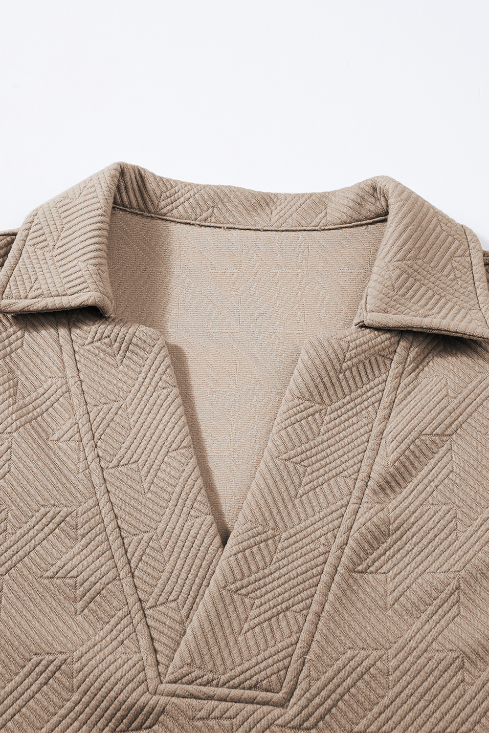 Women's Pale Khaki Textured V Neck Collared Short Sleeve Top - Casual Summer Wear - Detail View 5