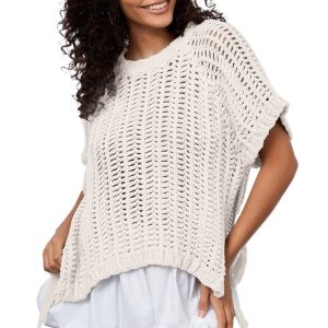 Plus Size Women's White Open Knit Bow Tie Sweater – Casual Short Sleeve for Summer