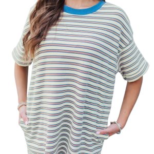 Women's White Stripe Drop Shoulder Tunic T-Shirt Dress – Casual Summer Style