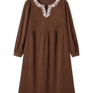 Women's Coffee Embroidered V-Neck Midi Dress for Daily Wear
